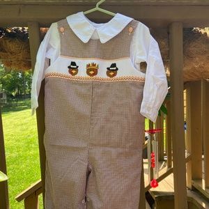 Hand Smocked Thanksgiving Turkey Longall - brown micro-gingham
